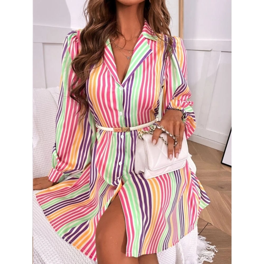 Striped Bishop Sleeves Shirt Dress
